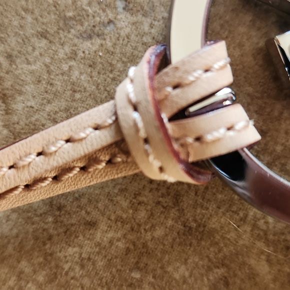 Michael Kors silver round purse charm on tan strap - Picture 3 of 7